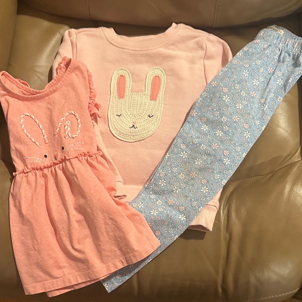 Pink Easter Bunny Sweatshirt, tunic and Blue Floral Leggings Set